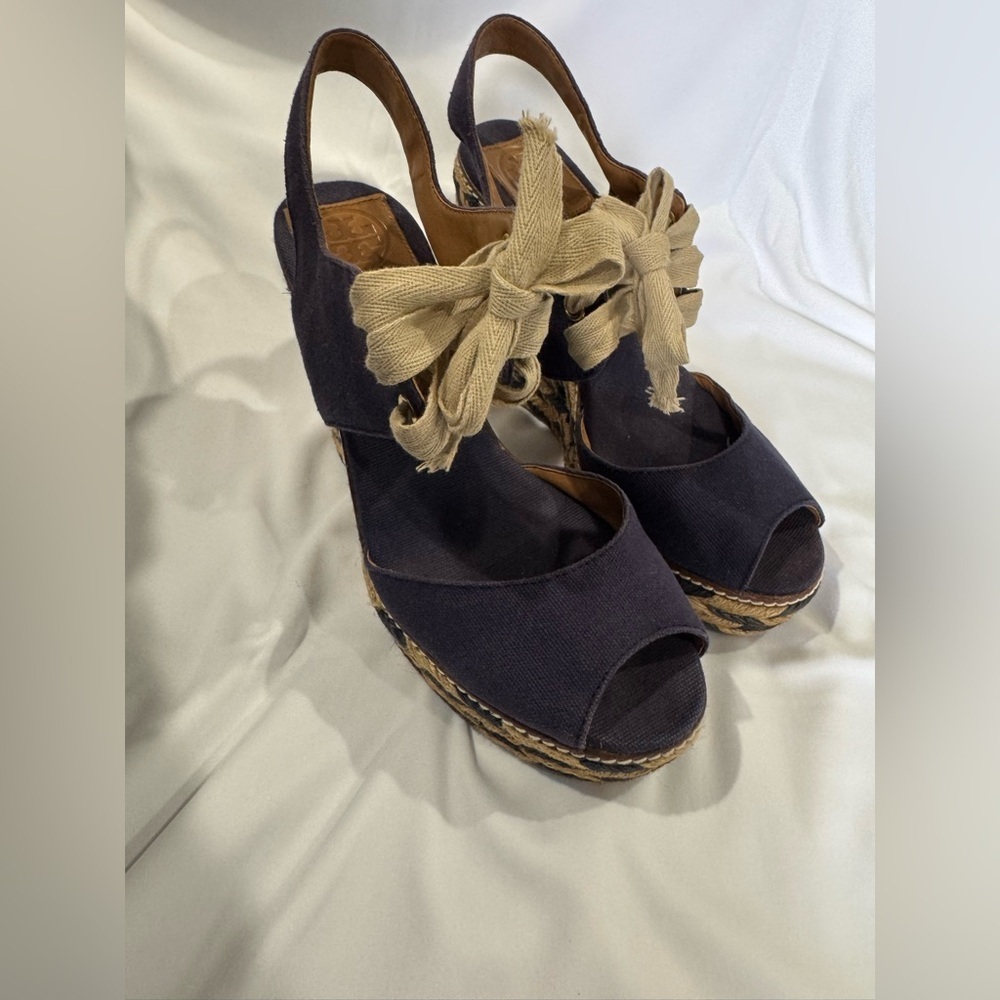Tory Burch Navy and Tan Espadrille Wedges - Picture 6 of 8